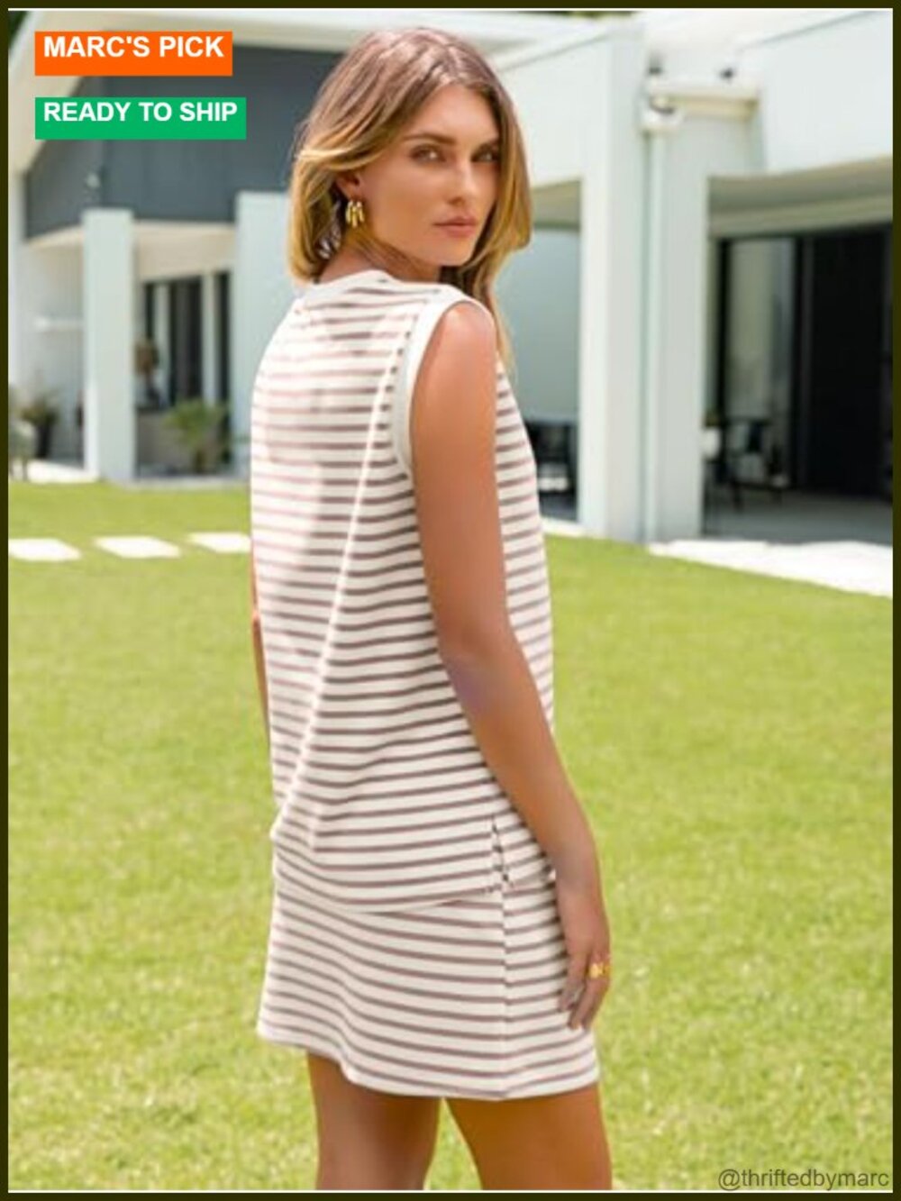 Women's 2 Piece Striped Skort Set Sleeveless Tennis Outfit with Pockets - Picture 5 of 6
